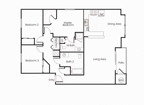 C1 floorplan three bedrooms two bathrooms at Bella Vista Apartments